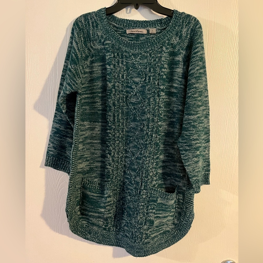 Womens large 3/4 sleeve heathered green knot sweater with pockets